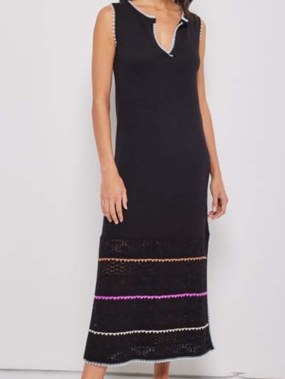 Lisa Todd Black Beach Please Knit Midi Dress XS Side Slits Crochet Details